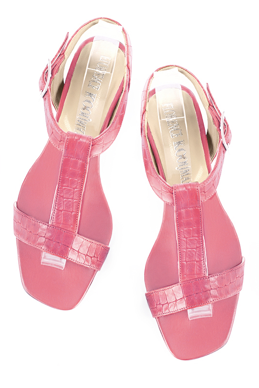 Carnation pink women's fully open sandals, with an instep strap. Square toe. Low kitten heels. Top view - Florence KOOIJMAN